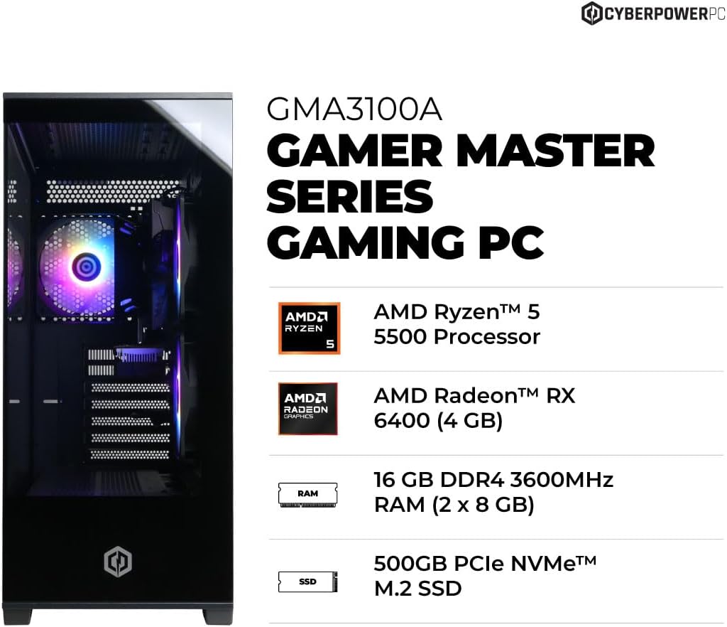 CyberPowerPC Gamer Master Gaming PC, AMD Ryzen 5 5500 3.6GHz, Radeon RX 6400 4GB, 16GB DDR4, 500GB PCIe Gen4 SSD, WiFi Ready & Windows 11 Home (GMA3100A)